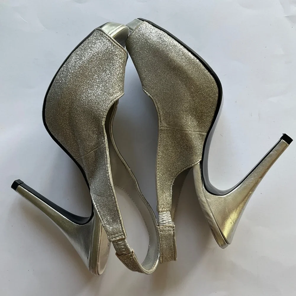 Lulu‎ Townsend Silver Glitter Peep Toe Slingback Platform Pumps Heels Stiletto 7